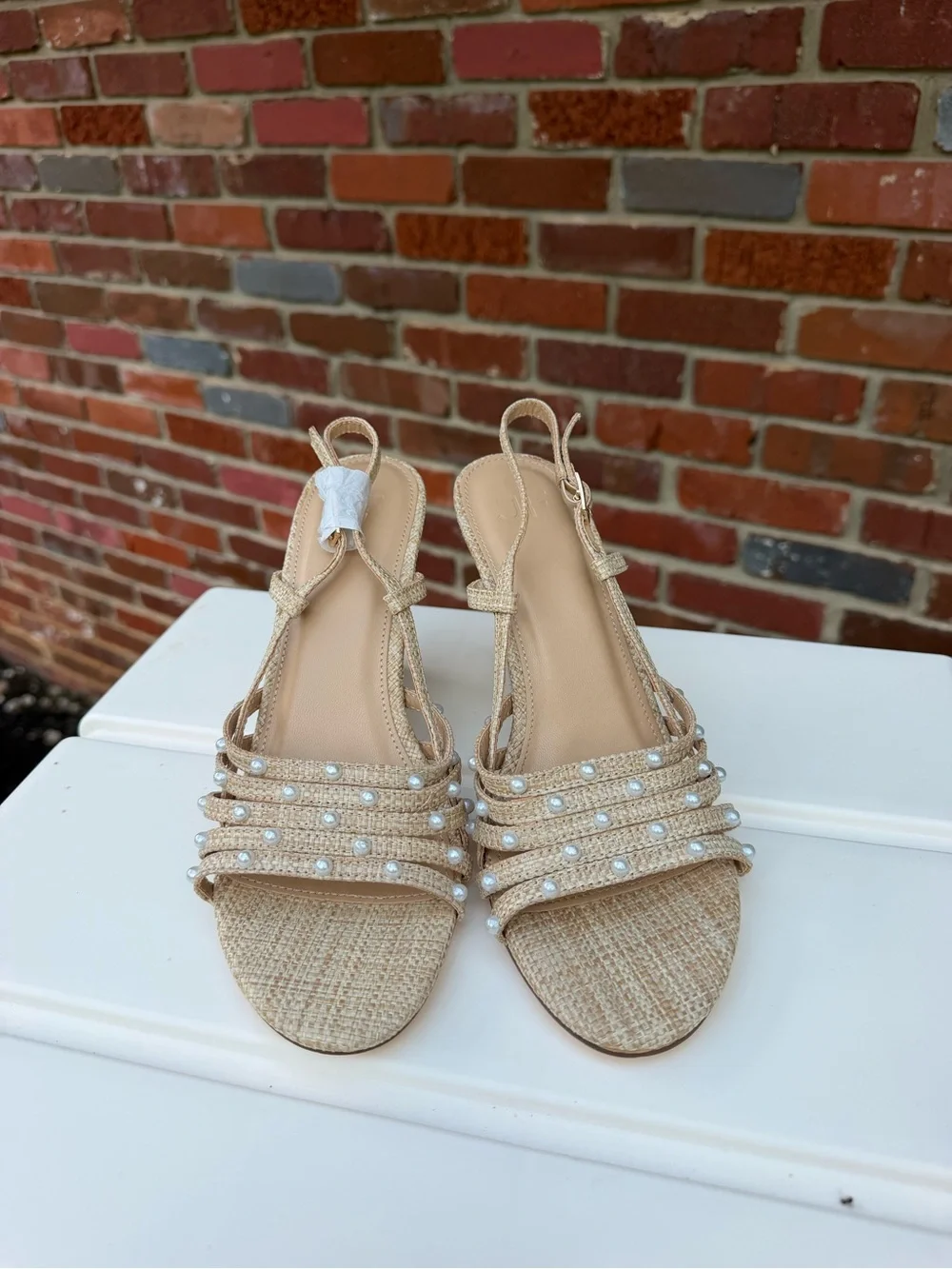 Brand New Raffia Pearl-Embellished Strappy Women’s wedges